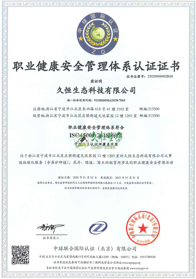 武汉武昌职业健康安全管理体系ISO45001证书